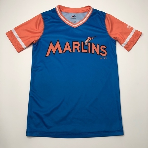 MIAMI Marlins Youth Baseball Team Jersey Blue & Orange Baseball Team T-Shirt Top - Picture 2 of 13